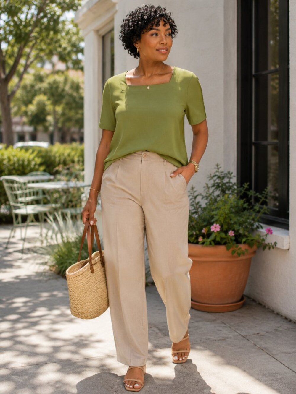 Susan Graver Square Neck Short Sleeve Top in Olive